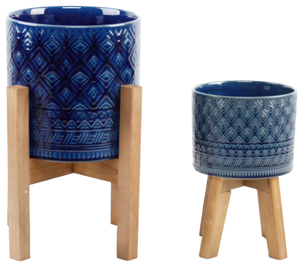 10" and 8" Illuminati Ceramic Planter On Wood Stand,Set of 2