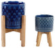 10" and 8" Illuminati Ceramic Planter On Wood Stand,Set of 2