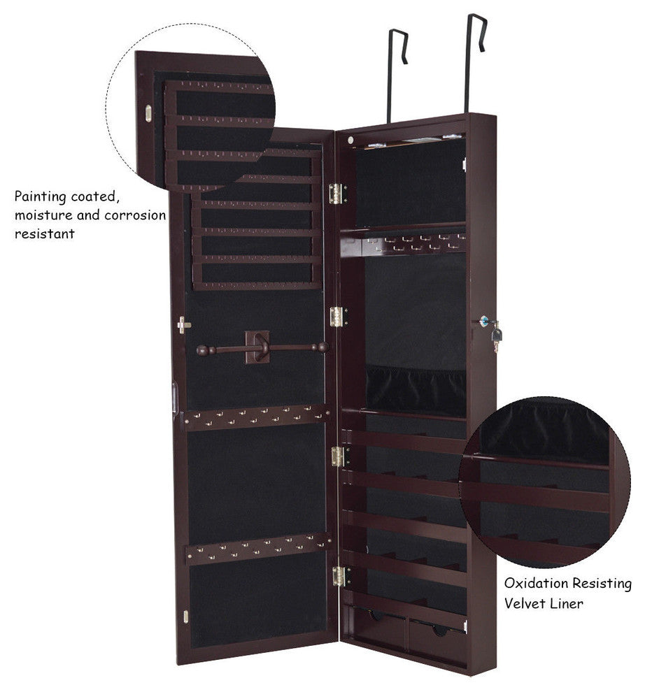 Costway Lockable Wall Mount Mirrored Jewelry Cabinet Organizer w/ LED Lights
