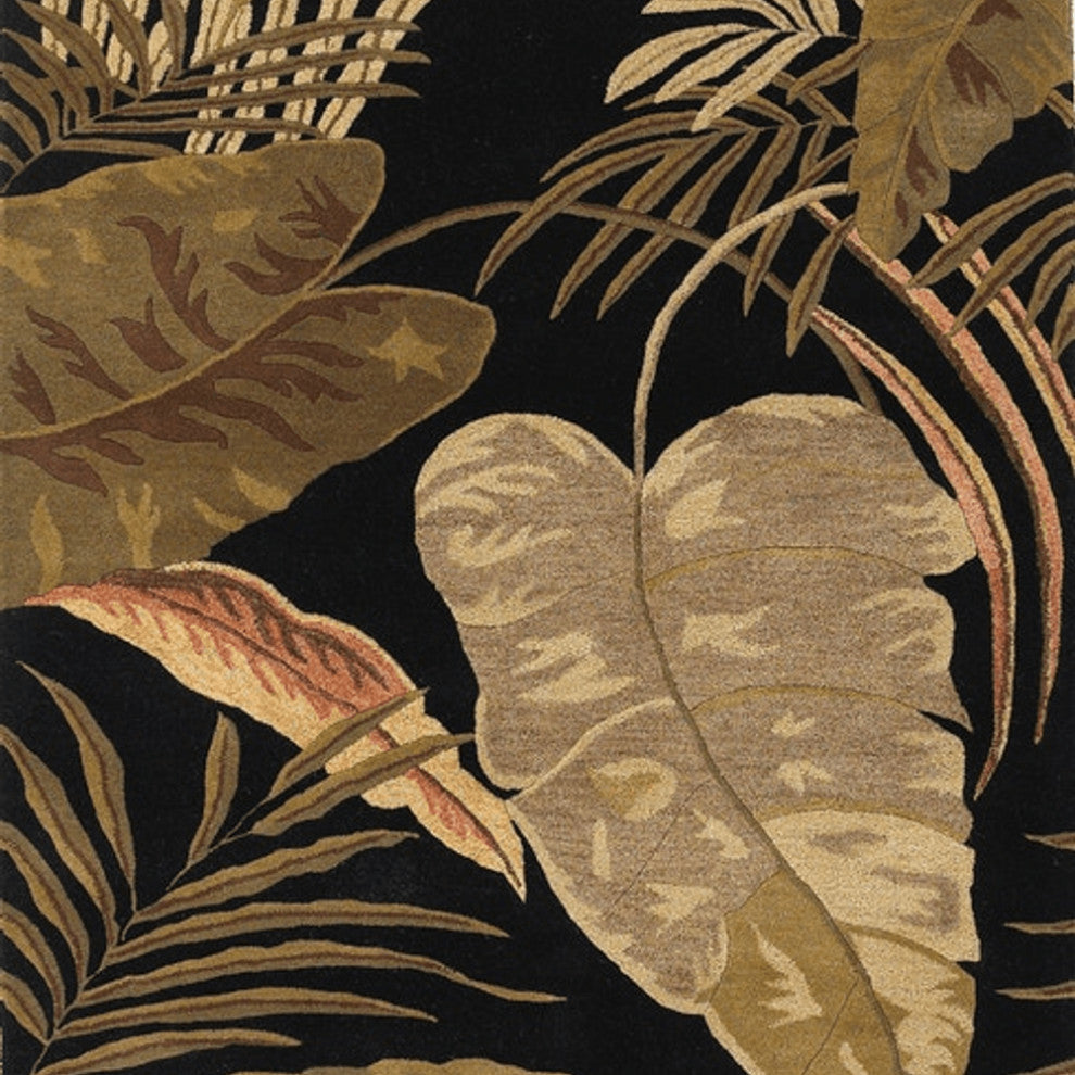 8'X11' Midnight Black Hand Tufted Tropical Leaves Indoor Area Rug