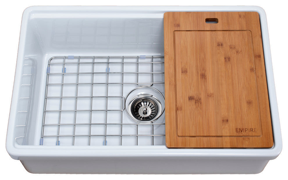 Tosca Reversible Farmhouse Single Bowl Sink, Cutting-Board, Grid, Strainer, 30"