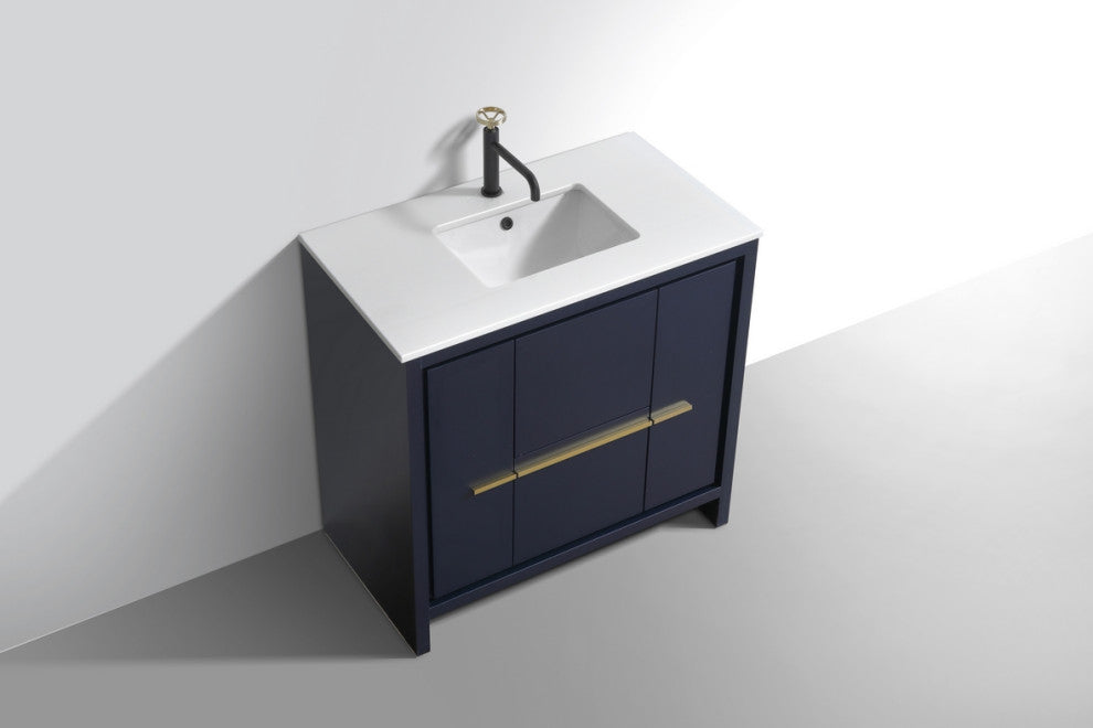 KubeBath Dolce 36" Vanity With White Quartz Countertop, Rose Wood, Blue