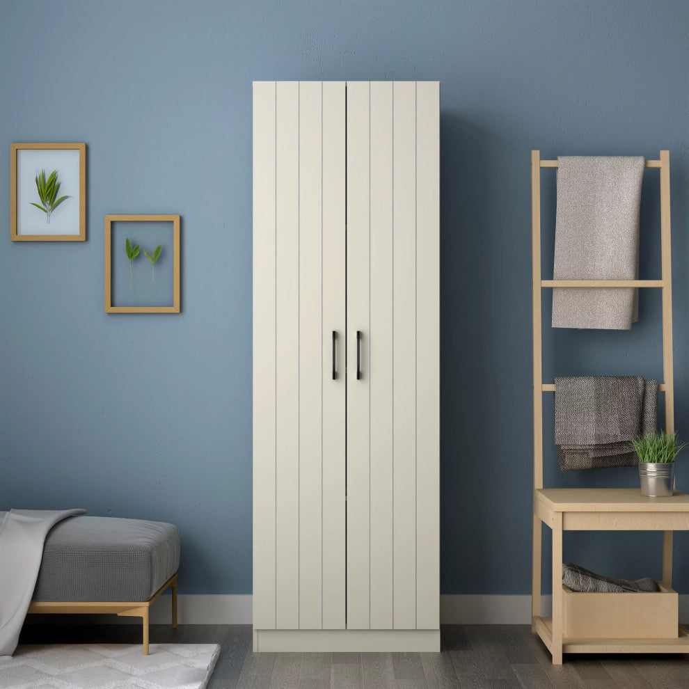 Freestanding Pantry Cabinet, 2 Doors With Adjustable & Fixed Shelves, Ivory
