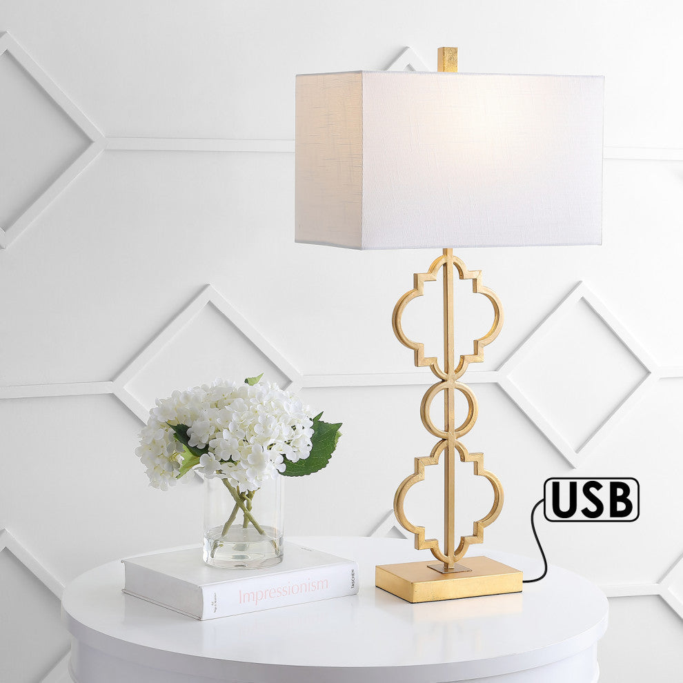 Selina 32" Iron Ogee Trellis Modern LED USB Table Lamp, Gold by JONATHAN Y