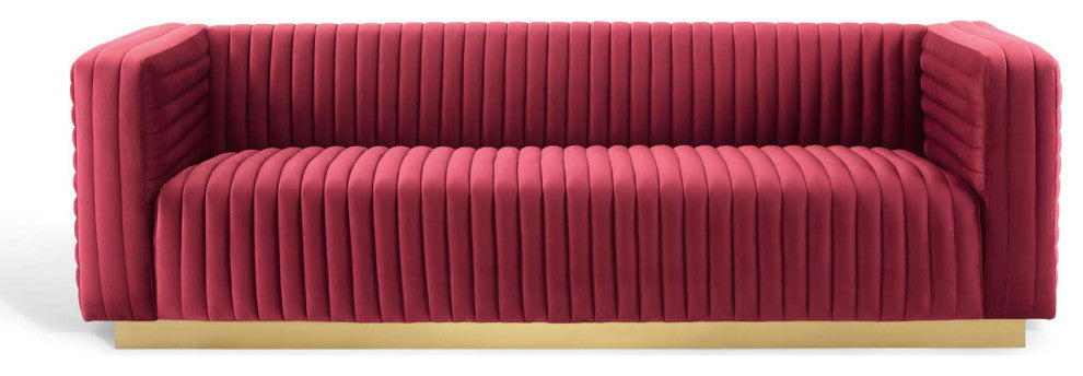 Tufted Sofa, Velvet, Red, Modern, Living Lounge Room Hotel Lobby Hospitality