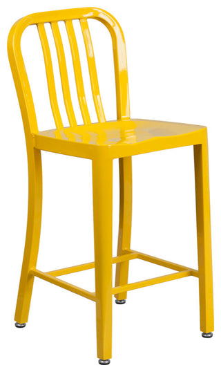24" High Yellow Metal Indoor-Outdoor Counter Stool With Vertical Slat Back