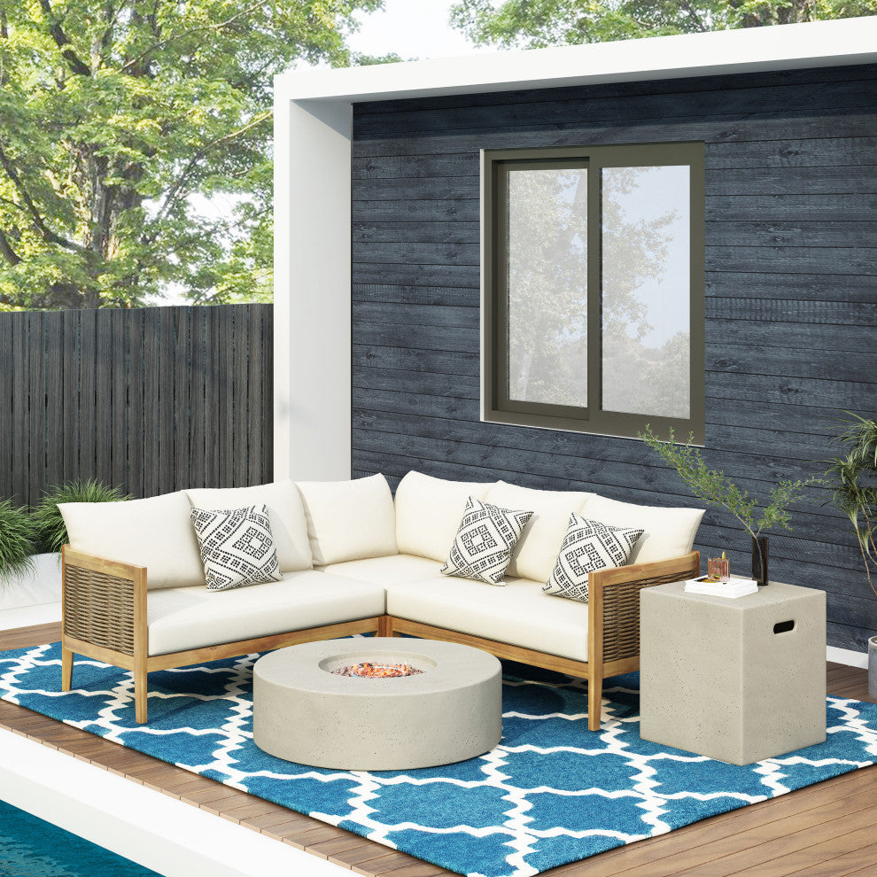 The Crowne Outdoor Acacia Wood and Round Wicker 5 Seater Sectional Sofa Chat Set, Teak/Mixed Brown/Beige/Light Gray