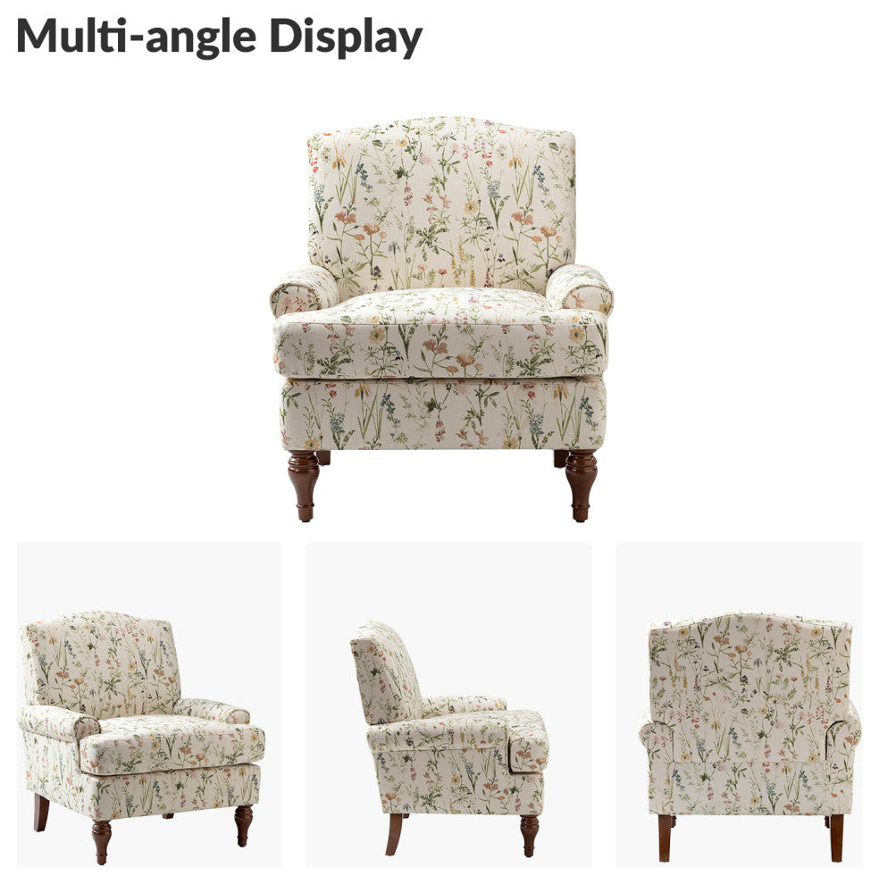 Armchair,Upholstered armchair with floral pattern, mid-century style., Spring