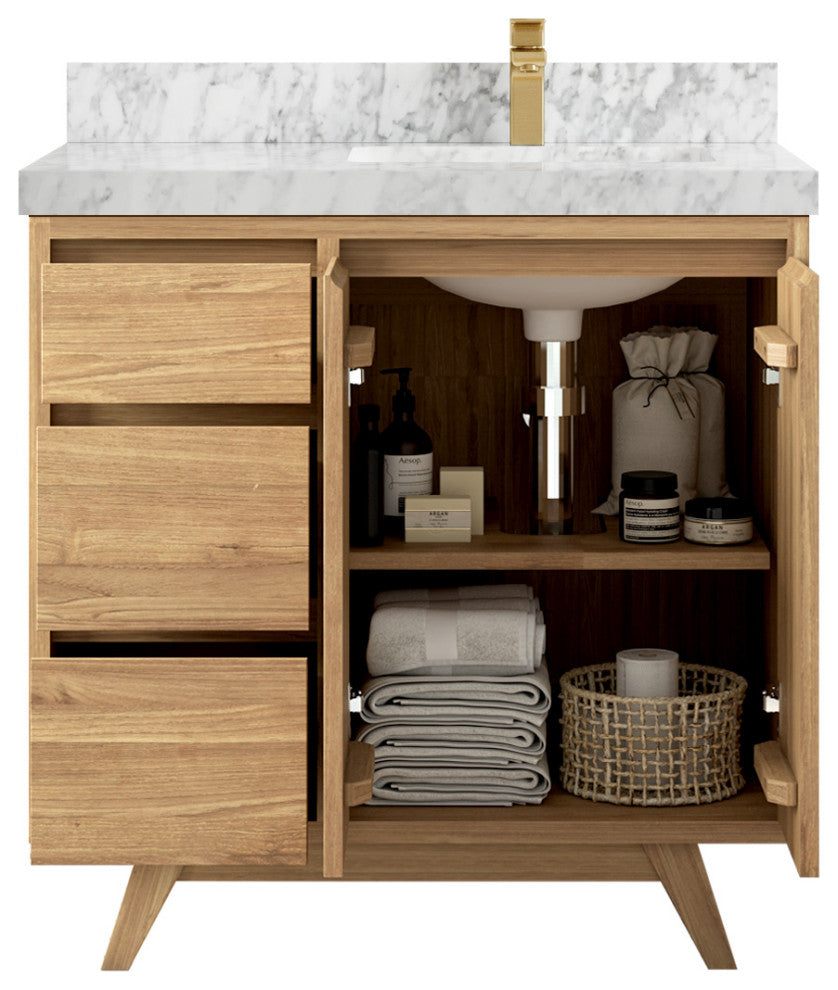 Madison Teak 36 Right Offset Bath Vanity in Light Natural 2" Carrara Marble