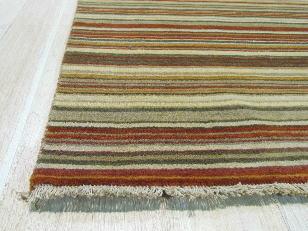 Orange/green Striped Handmade Wool Rug, 2' X 12'