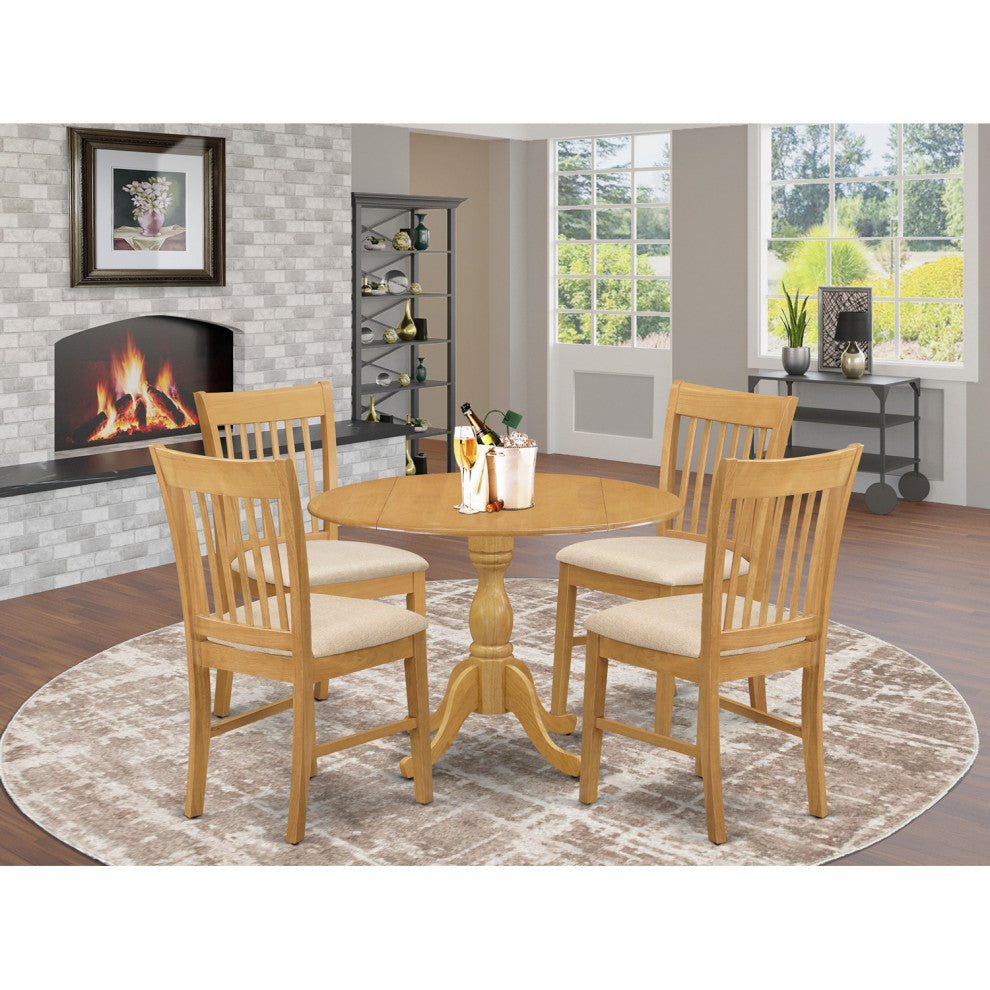 5 Pc Dining Set, Oak Table, 4 Oak Dining Room Chairs, Slatted Back, Oak Finish