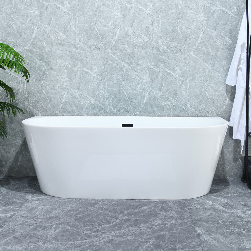 Satchi 67"x32" Flatbottom Freestanding Soaking Bathtub, Matte Black Hardware