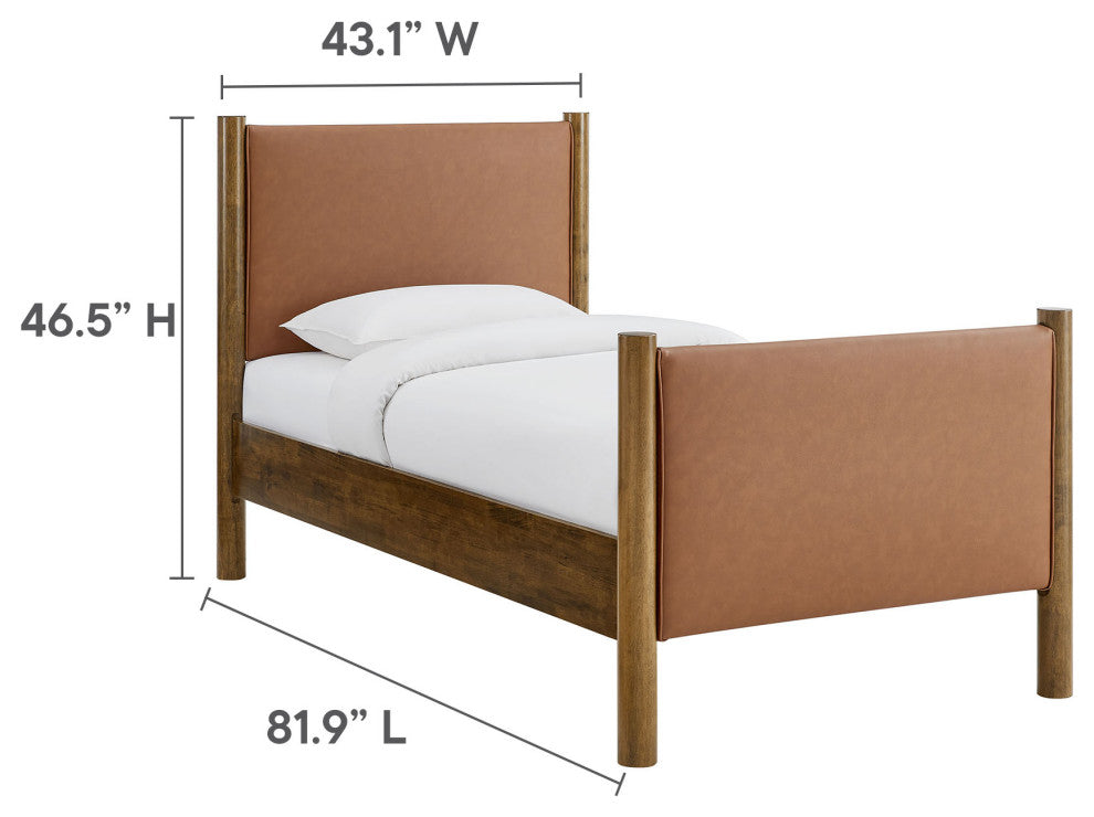 Maven Twin Size Vegan Leather Upholstered Platform Bed, Tan Walnut
