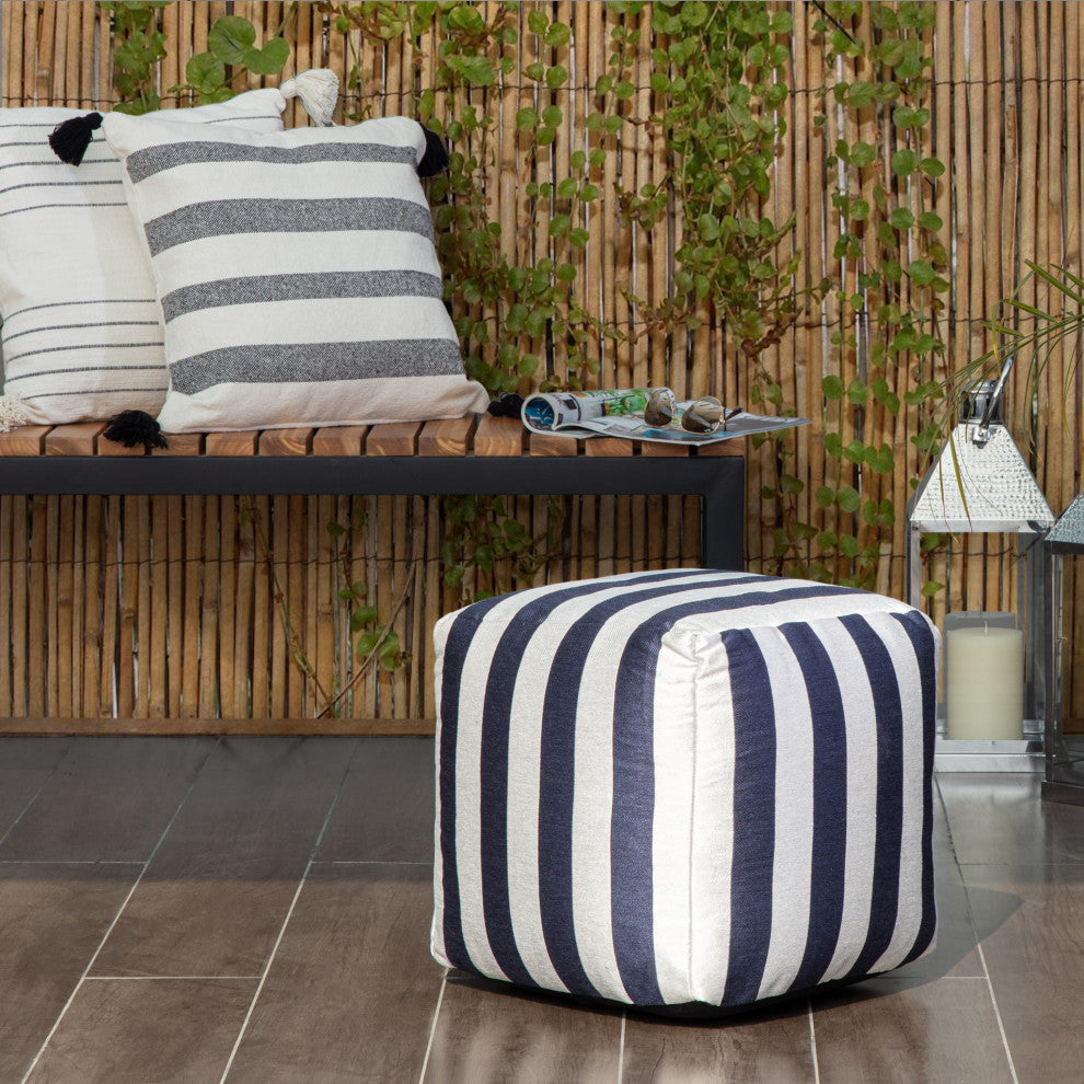 Cape May Blue 18" x 18" x 18" Navy and Ivory Pouf