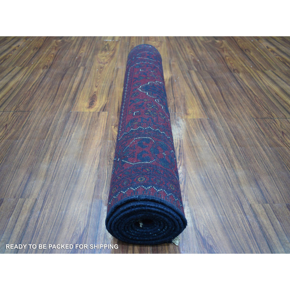 Red Geometric Design Hand Knotted Afghan Khamyab Runner Orientel Rug, 3'x9'10"