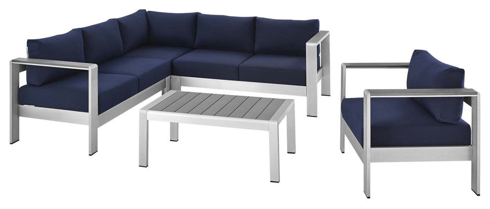 Sectional Sofa Chair Table Set, Sunbrella, Aluminum, Silver Blue Navy, Outdoor