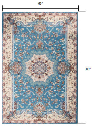 5" x 8" Blue and Cream Embellished Area Rug