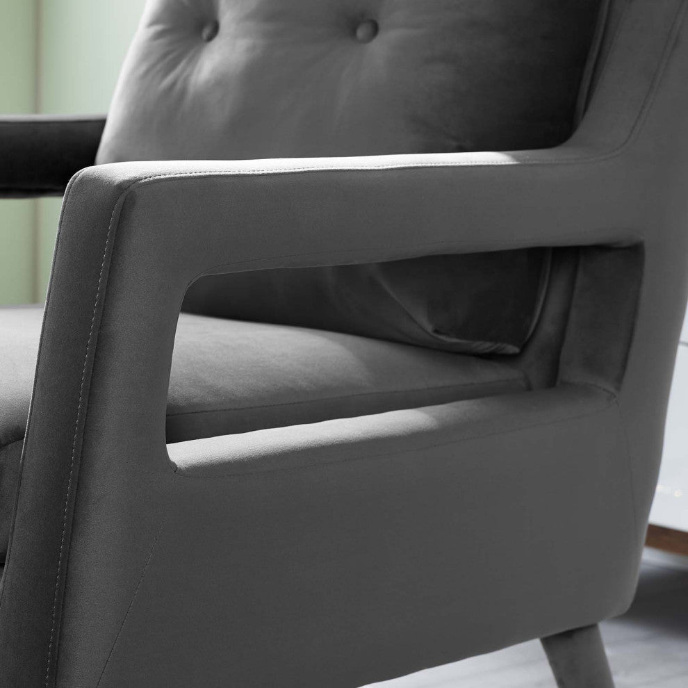 Modern Lounge Accent Side Chair Armchair, Velvet Fabric Wood, Grey Gray