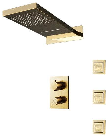 Cosenza 22" Brushed Gold Rainfall Shower System, 3 Jetted Body Sprays, Non Led