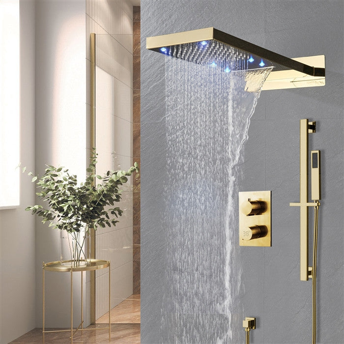 Melfi 22" Brushed Gold Rainfall Shower System, Square Handheld Shower, LED