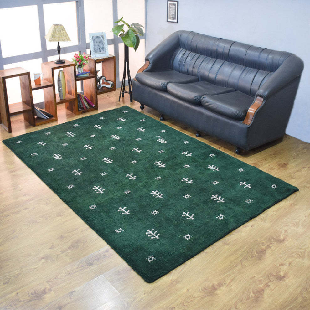 HAND KNOTTED LOOM SILK AREA RUGS-9'x12',Rectangle,Dark Green White,Contemporary
