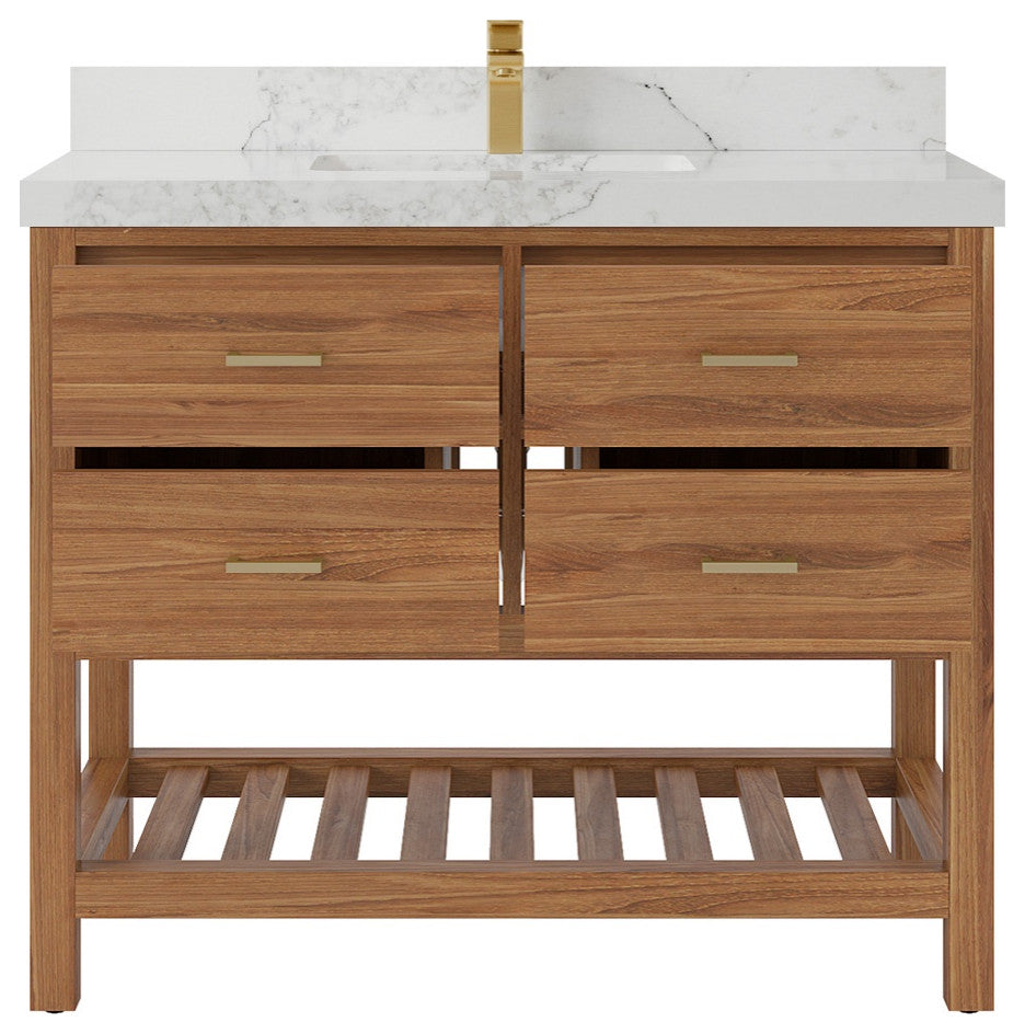 Parker Teak 42" Single Sink Bath Vanity in Golden Teak  2" Calacatta Nuvo