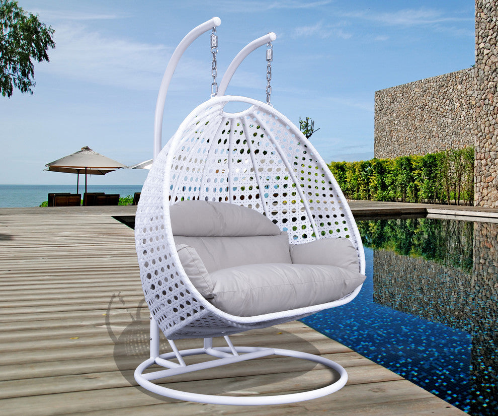 LeisureMod Modern 2 Person Wicker Double Hanging Egg Swing Chair, Whtie