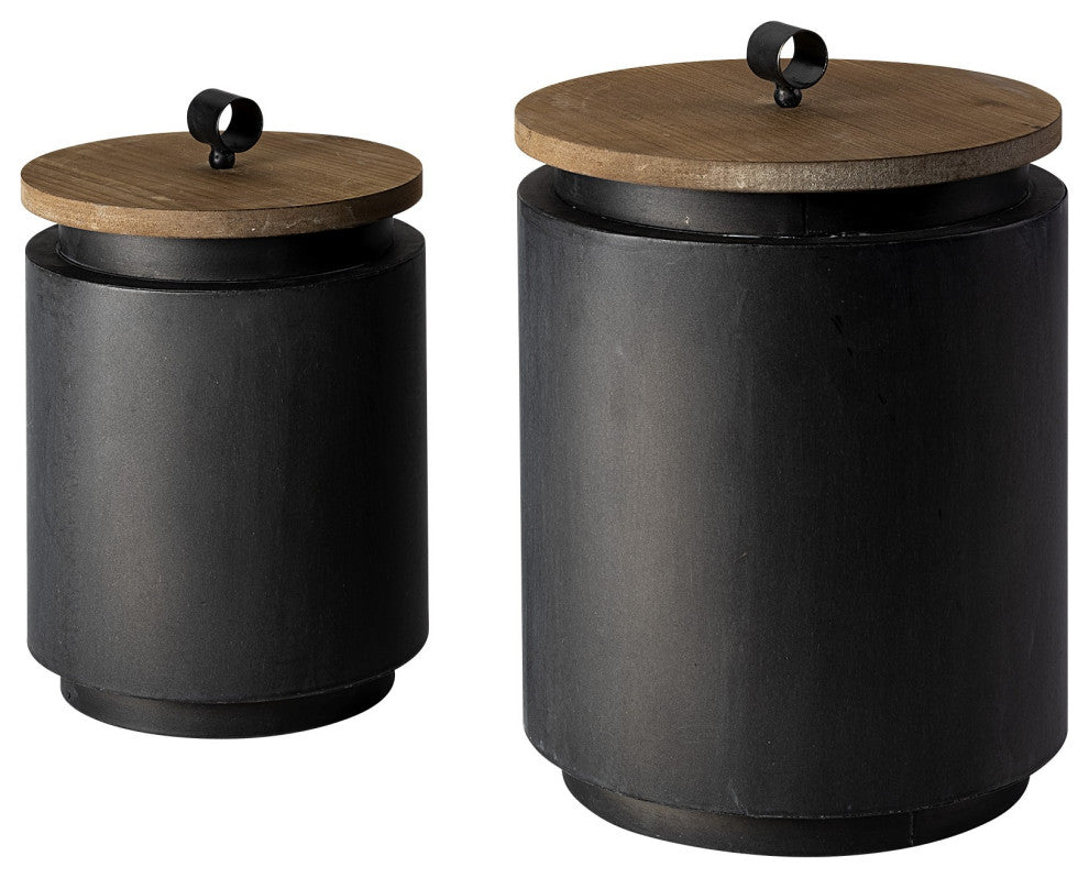 Set of Two Gray Metal Cannisters With Wooden Lids