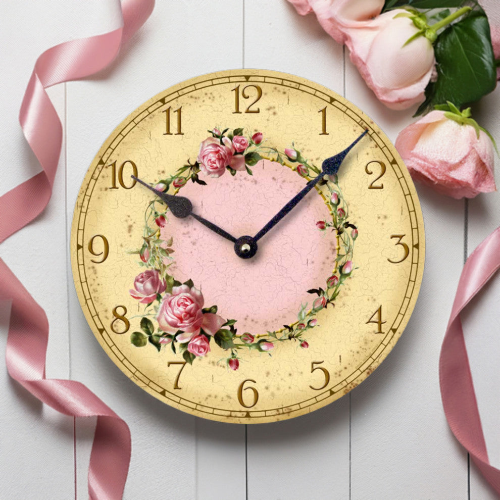 Shabby Chic Pink Roses Clock, 12 Inch Diameter