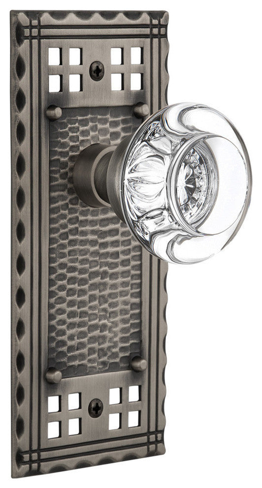 Single Craftsman Plate With Round Clear Crystal Knob, Antique Pewter
