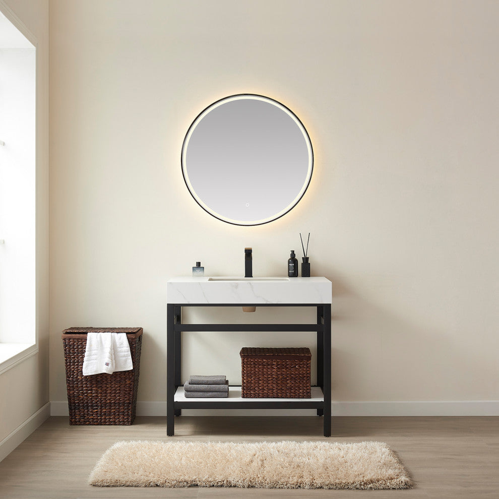 Funes Bath Vanity with Mirror, Matte Black Support, 36'''', White Stone Top