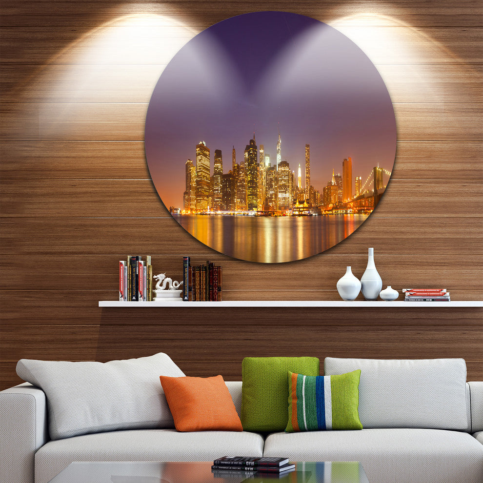 Illuminated Nyc Downtown Buildings, Cityscape Round Wall Art, 36"