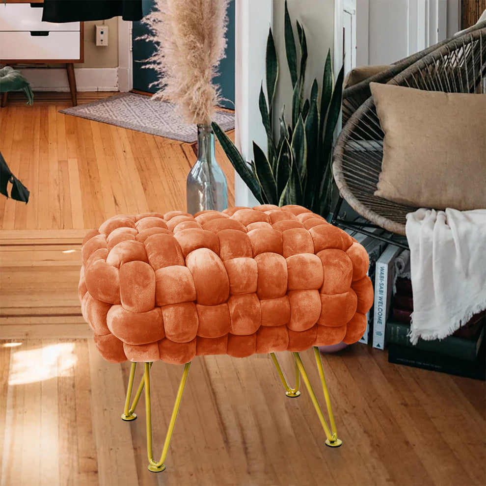 Velvet Pouf Stool Ottoman, Burnt Orange, 27''x20''x20''