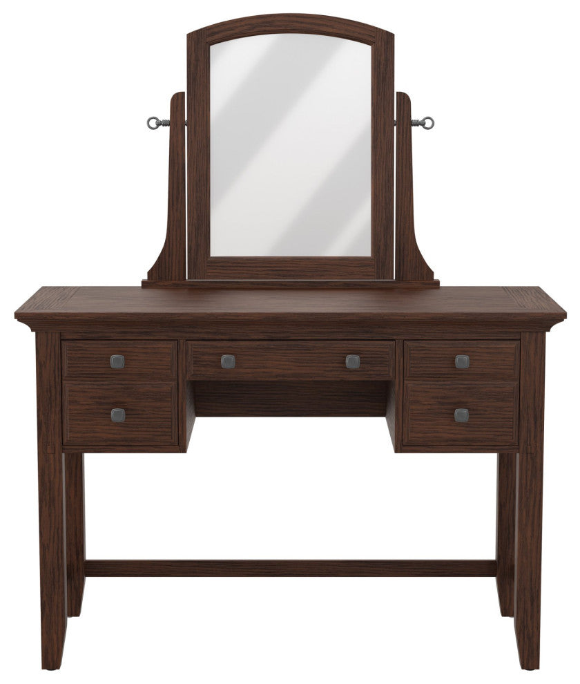 Traditional Vanity Set, 360 Swiveling Beveled Mirror & 3 Storage Drawers, Oak