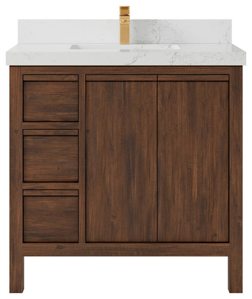 Elizabeth 36 Center Sink Bath Vanity in Dark Walnut Teak 2" Empira Quartz