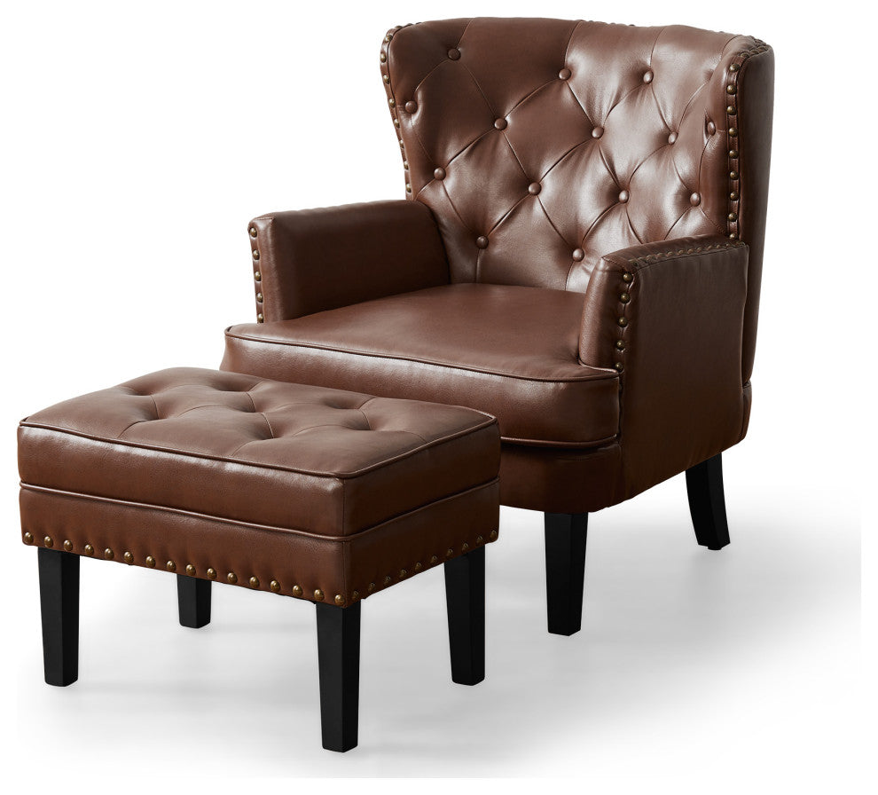 Set of 2 Accent Chair and Accent Stool, Coffee