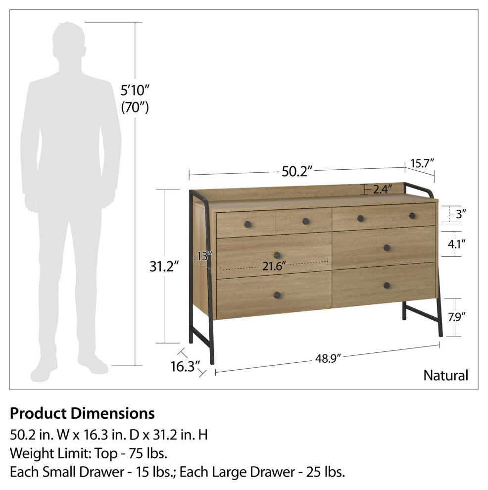 Rustic Dresser, Black Metal Legs With Large Top and Spacious Drawers, Natural