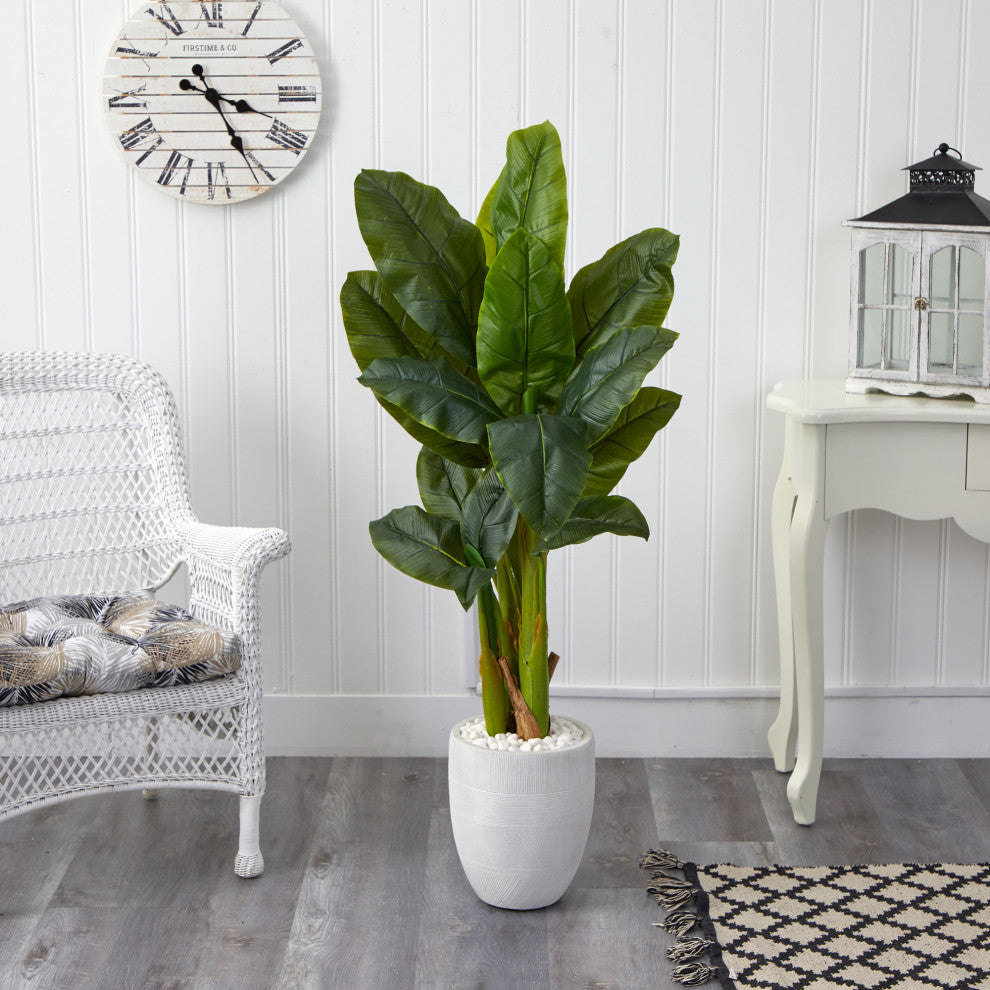 52" Triple Stalk Artificial Banana Tree, White Planter, Real Touch