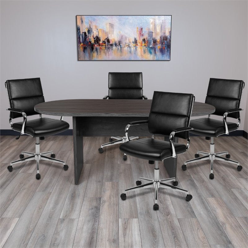 5 Piece Rustic Gray Oval Conference Table Set with 4 Black LeatherSoft Chairs