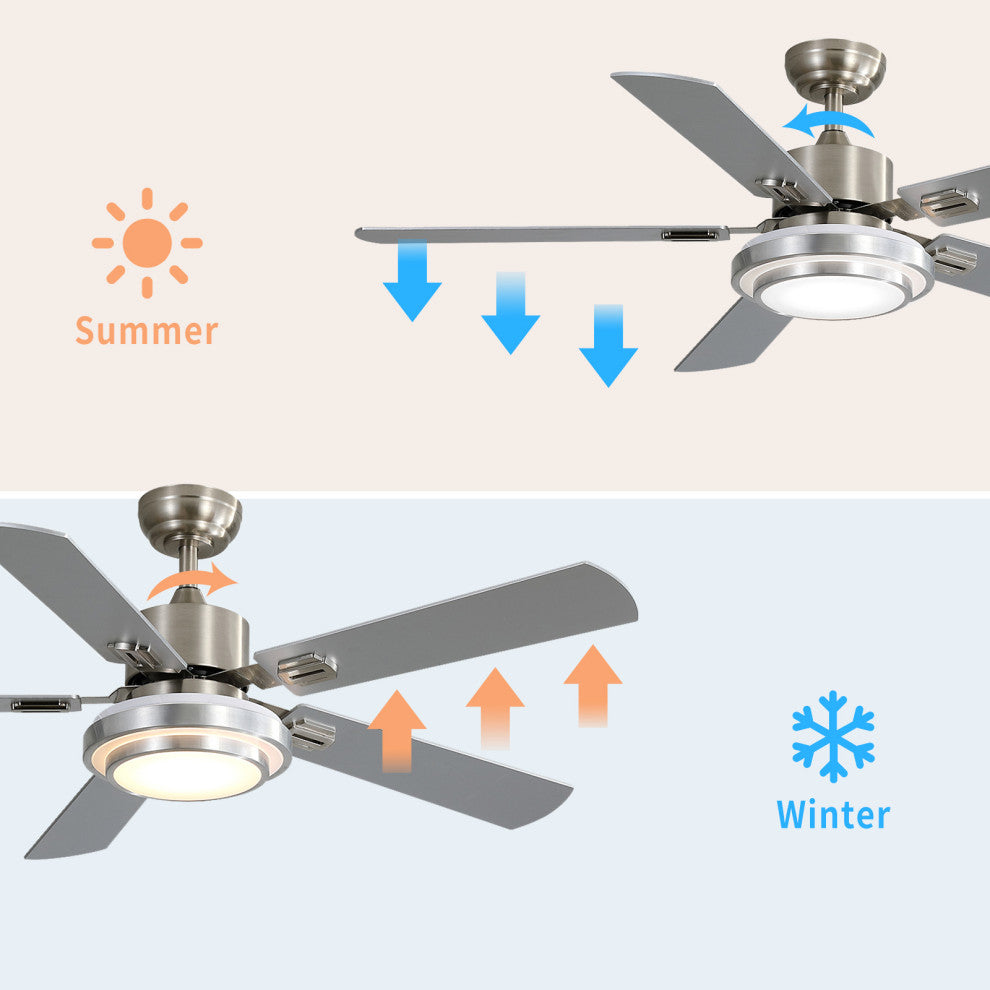 52" Ceiling Fan  Lights and Remote Control, Reversible Blades, Brushed Nickel
