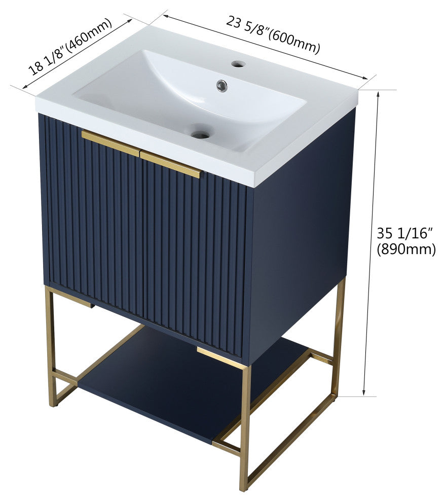 Plywood Freestanding Bathroom Vanity Set with White Ceramic Sink , Navy Blue, 24