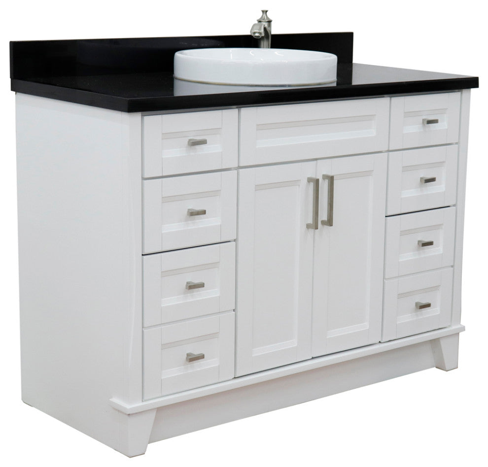 49" Single Sink Vanity, White Finish With Black Galaxy Granite And Round Sink