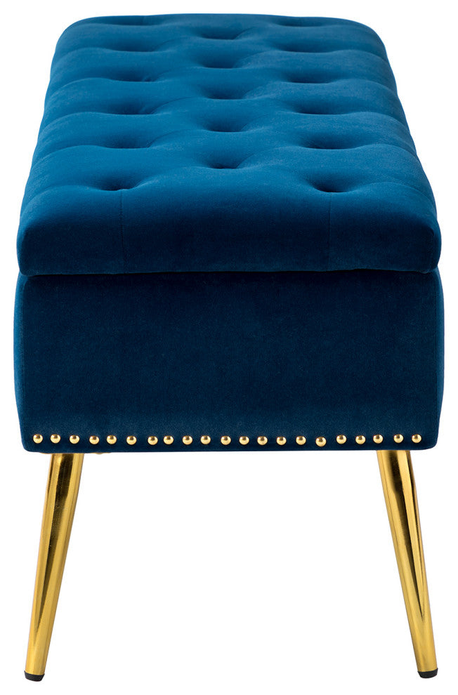 Button-tufted Storage Bench with Nailhead Trim, Navy