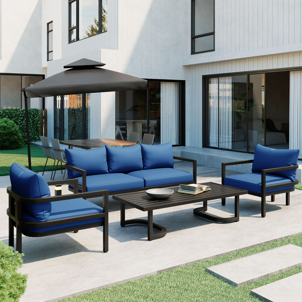 4-Piece Outdoor  Steel Patio Sectional with Table and Cushions, Blue