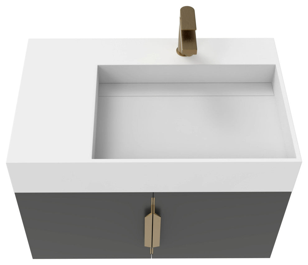 CastelloUSA Amazon 30" Right Wall Mounted Bathroom Vanity Set, Black, White Top, Gold