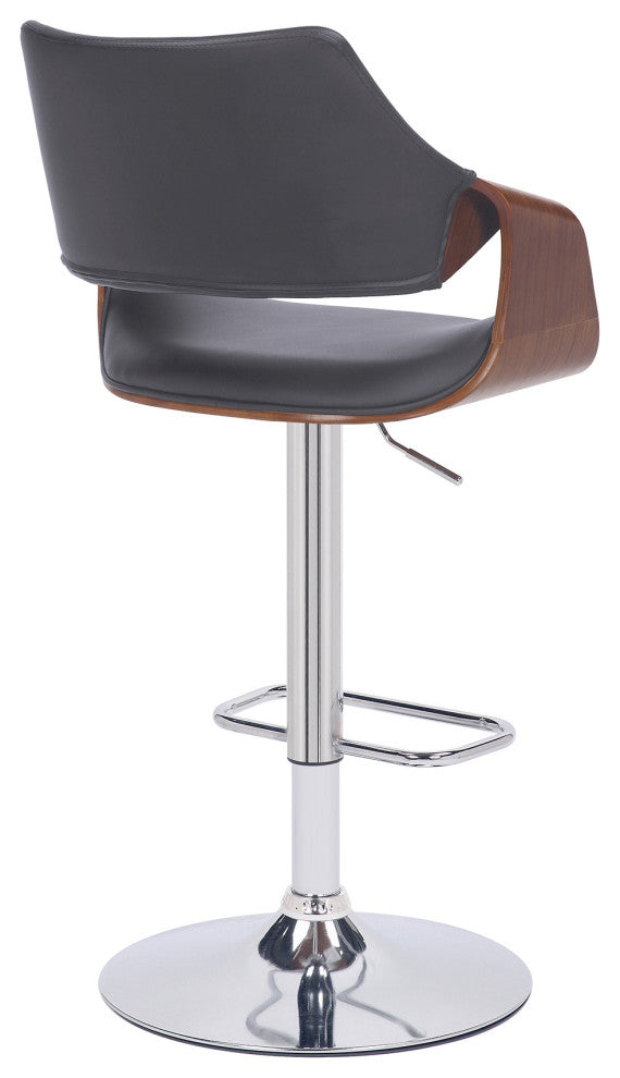 Gray Faux Leather and Walnut Wood and Chrome Swivel Adjustable Bar Stool