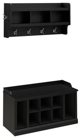 Bowery Hill 40" Engineered Wood Shoe Bench w/ Shelves & Coat Rack in Black Oak