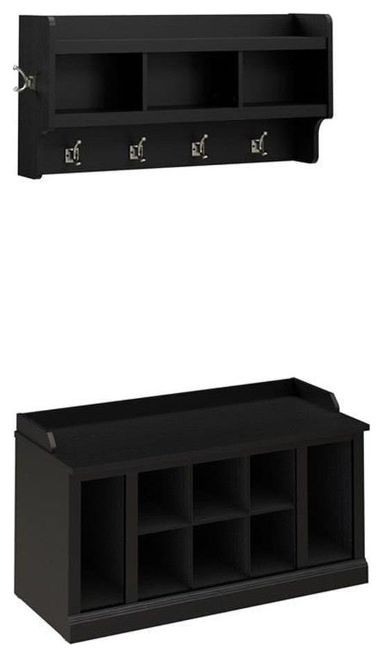 Bowery Hill 40" Engineered Wood Shoe Bench w/ Shelves & Coat Rack in Black Oak