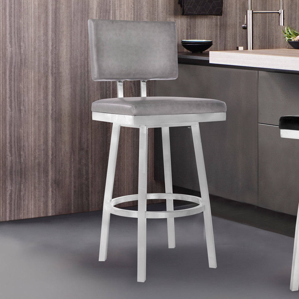 Callisto 26" Counter Stool, Brushed Stainless Steel & Gray Faux Leather