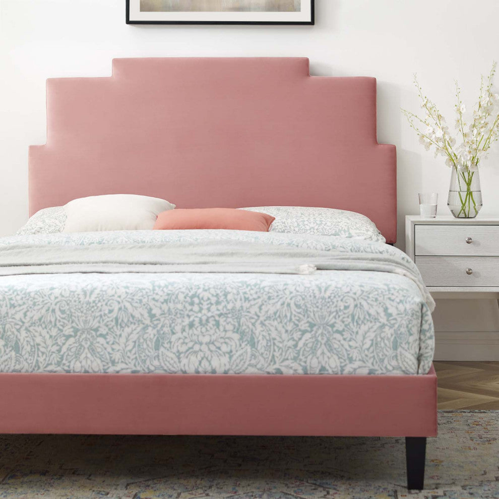 Platform Bed Frame, King Size, Velvet, Pink, Modern Contemporary, Bedroom Master